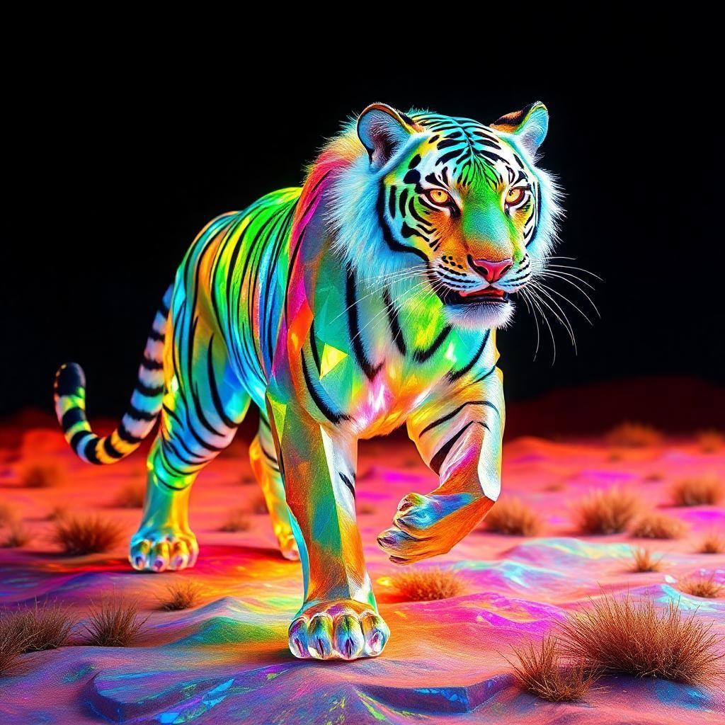 embark to the rainbow-coloured realm where a mystical crystal tiger prances across iridescent landscapes. each vibrant facet on its skin holds kaleidoscopic worlds within. its fierce eyes, ablaze with dual suns, pierce the soul. with every stride, it transforms reality, gracefully molding light to its majestic chromatic vision.