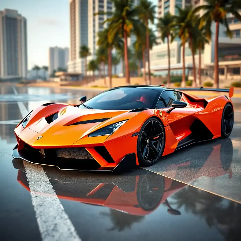 futureuristic aggresive supercar for 2035, inspired by ferrari f50 and a ferrari f8, with an imposing front bumper, sleeker and sharper angular headlights, a smooth custom racing widebody kit,  show entire car in a beach of gta 5 city, hd