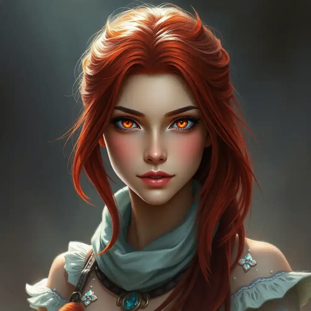 A woman with Red hair and Luminous eyes looks at the camera, Beautiful picture of the character, character portrait, character portrait, 🤤 Charlie Bowater character art, epic portrait illustration, подробный character portrait, neo-artcore and Charlie Bowater, high quality portrait, fantasy concept art portrait, detailed matte fantasy portrait, charlie bowater art style, Detailed beautiful portrait, fantasy art portrait, dark, chiaroscuro, low-key, oil and watercolor painting