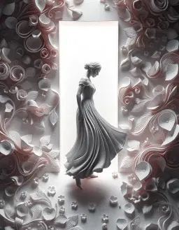 bold 3d dynamic three-dimensional composition, vivid photorealistic detail, with the subject rendered in dramatic perspective, surface textures shimmering under cinematic lighting, high‑resolution shadows and highlights emphasizing depth. 3d pop-out effect as a modern social‑media post interface, the main figure bursting through the screen boundaries, realistic drop shadows, layered depth cues, subtle ui icons (like, comment, share) integrated into a sleek background, bright glossy screen glow contrasted with deep ambient occlusion, dynamic perspective that breaks the fourth wall. quilling – rolled paper art fills the entire scene, every element constructed from tightly coiled paper strips and teardrop‑shaped paper filigrees, intricate layered textures of rolled paper creating flowing lines and concentrated movement, precise quilled rendering with soft light and textured shadows giving each coil a tactile presence. embossed paper material dominates the surface, matte dielectric substrate with high‑density fiberboard core, a uniform low‑gloss diffuse albedo, raised bas‑relief petals and stylized botanical veins, fine line work and crisp embossing edges, smooth to the touch, subtle ridges, pristine condition without wear, soft diffuse reflection and negligible specular highlights, high‑relief detail throughout. surreal conceptual framework warps physical laws, space folds into recursive paradoxical constructs, chromatic behavior dissolving into unexpected gradients despite the achromatic palette, material surfaces oscillating between matte softness and sudden high‑gloss sheen, shadows stretching and splitting in impossible ways, textures appearing fluid and semi‑transparent, creating a dreamlike, psychologically symbolic atmosphere. black & white achromatic palette dominates, precise manipulation of luminance and contrast, sharp micro‑shadowing, crisp radiometric falloff on highlights, velvety deep shadows, balanced mid‑tones preserving dynamic range, each contour and texture rendered with maximal clarity and tonal gradation. vintage mixed media decoupage style adds whimsical, antique collage layers: fine liner calligraphy, delicate stamping, ghostly images softly visible, intricate fililigre details, soft edges, rich tapestry of velvety smooth and rough gestural textures, vibrant historic hues mingling with earthy tones, creating a nostalgic, whimsical composition. whimsical ink & paper collage overlays paper assemblage, hand‑drawn illustration, strong black ink outlines, ink washes, acrylic splatter, die‑cut paper elements, textile textures, distressed imperfections, torn paper, stenciling, embossing, stitching, decorative patterning, dreamlike energy, muted warm, cool and earthy hues, high tactile texture detail with visible paper grain, folds, tears, glue marks, ink smudges, paint drips, layered translucency and ghosting effects, minimal pre‑rendered shadows, soft edges. layered depth composition arranges foreground, middle ground and background elements at varying distances, atmospheric mist, subtle bokeh and lighting variations enhancing three‑dimensional immersion, creating a rich visual hierarchy. the entire image is a cohesive, ultra‑detailed, multi‑material tableau that maintains each block’s distinct identity while blending them into a spectacular, photorealistic, surreal, paper‑crafted masterpiece.