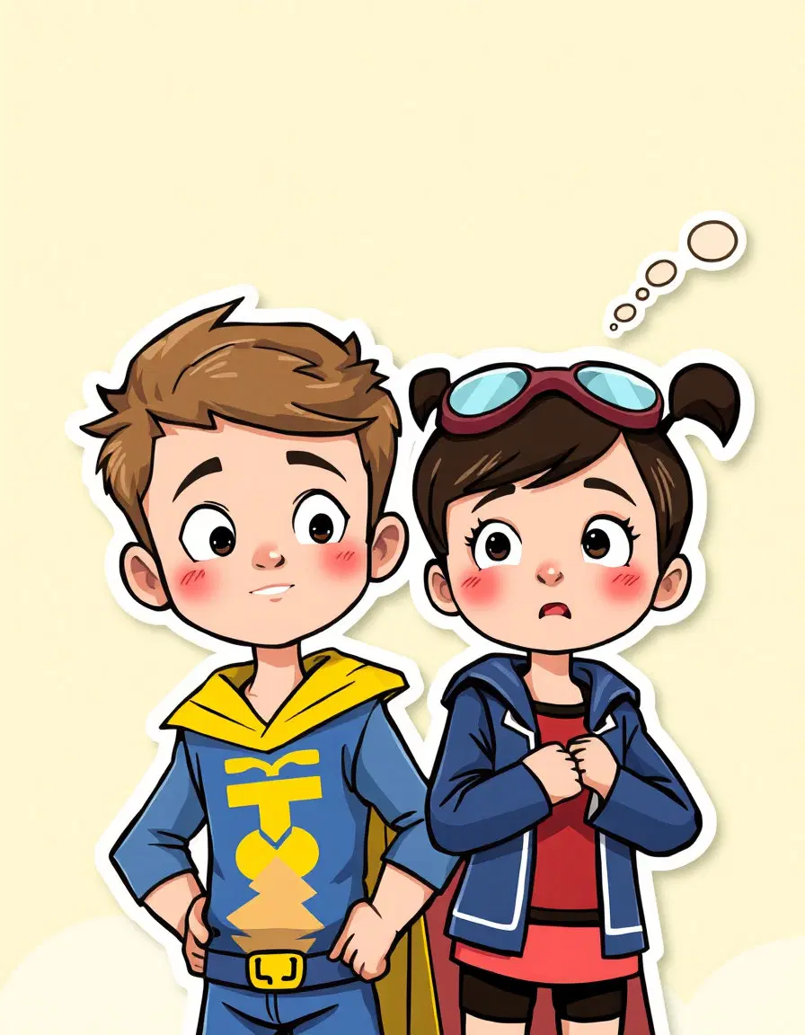 Ukrainian superhero turning into the 2D paper cutout style of Charlie and Lola in the style with the Charlie and Lola background along with Charlie and Lola reacting to the transformation.