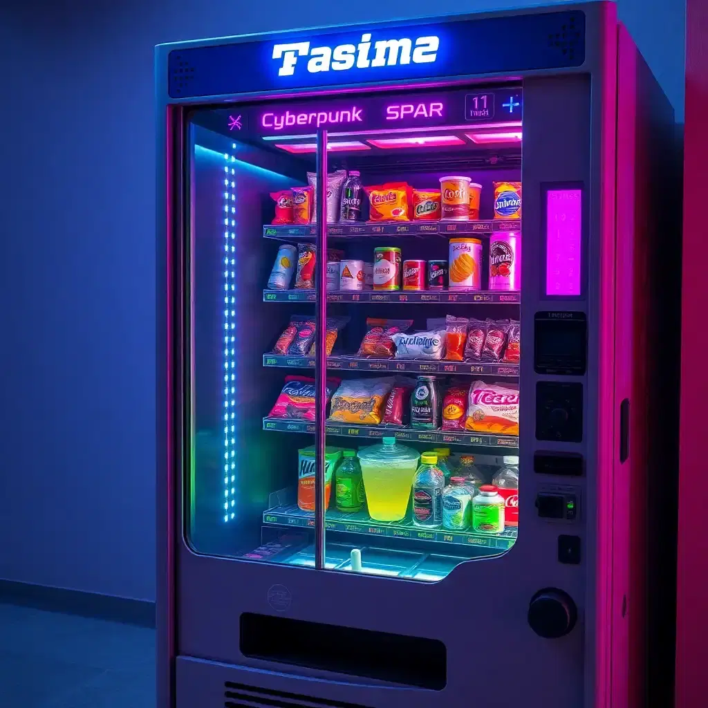 A cyberpunk-style vending machine that dispenses futuristic snacks and neon-lit beverages.
