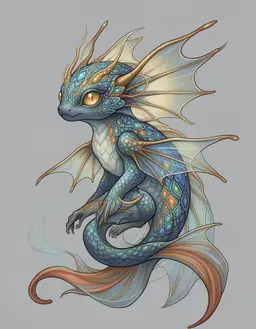 A luminous draconic beast with a serpentine torso and four slender limbs. Its body is covered in iridescent teal-to-deep-blue scales that shimmer with opalescent highlights, while bioluminescent markings trace geometric patterns across its skin. Large membranous wings and translucent fins extend from its back, and a crown of curved cranial horns and dorsal spines run along its head and spine. Golden amber eyes glow from a sleek head, and its long tail ends in an orange-tipped tip that curls behind it.