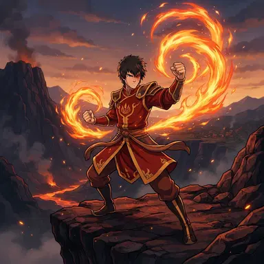 original firebender character, red and gold tunic, flames spiraling from his fists, volcanic cliffs at dusk, cel-shaded animated series style, vibrant, crisp high detail