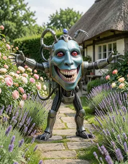 robomonster throws both arms out wide, mid‑stride, captured from eye‑level three‑quarter view, standing in an english cottage garden with blooming roses, lavender hedges, a stone path and a thatched cottage backdrop.