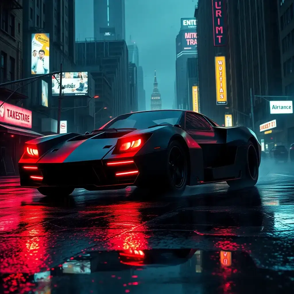 **movie scene: "cyberstorm"**

**scene:** a ruined, neon-lit cityscape on a stormy night. rain pounds against the pavement as a lone figure, a cybernetically enhanced assassin, emerges from the shadows.

**subject:** a sleek, matte-black machine gun-car, codenamed "apex predator," hurtles through the streets, its glowing red led strips blazing like eyes in the darkness. the vehicle's metallic body seems to flex and recoil like a living creature, its barrel-like front slicing through the rain.

**background:** the cityscape is a tangled, steel-and-glass labyrinth, with crumbling skyscrapers and abandoned streetlights. flickering holographic advertisements and landing drones buzz around the city like insects, casting an eerie glow on the wet pavement.

**emotions:** tension. intensity. the air is electric with anticipation as the assassin's gaze focuses on a building in the distance, its target.

**art style:** blending gritty, dark realism with neon accents, the image takes on a cyberpunk aesthetic. the lighting is harsh and unforgiving, with deep shadows and lurid color accents. water effects and sparks light up the background, creating a dynamic, high-octane atmosphere.

**composition:** the machine gun-car dominates the center of the scene, with the assassin hovering at the periphery, their face hidden behind a mask of digital enhancements. the background cityscape unfurls like a chaos-filled vortex, drawing the viewer's eye towards the vehicle's piercing headlights. the storm rages on, casting an aura of unease and foreboding.

**angles and vantage:** shot from a low angle, the camera captures the sheer scale of the vehicle, its powerful lines and curves amplified by the vertical perspective. the rain-soaked road stretches off into the distance, tracing a wet path to the horizon, as if beckoning the viewer deeper into the heart of the cyberstorm.

**color palette:**

- primary colors: dark matte blacks, gunmetal, and industrial grays
- accent colors: neon pink, turquoise, and electric blue
- background: weathered grays, broken glass, and asphalt

**mood and message:** the image exudes an air of sleek, high-tech menace, suggesting that the boundaries between human and machine are constantly blurring. as the storm rages on, the apex predator vehicle stands poised, waiting for its next target, its intentions shrouded in mystery.