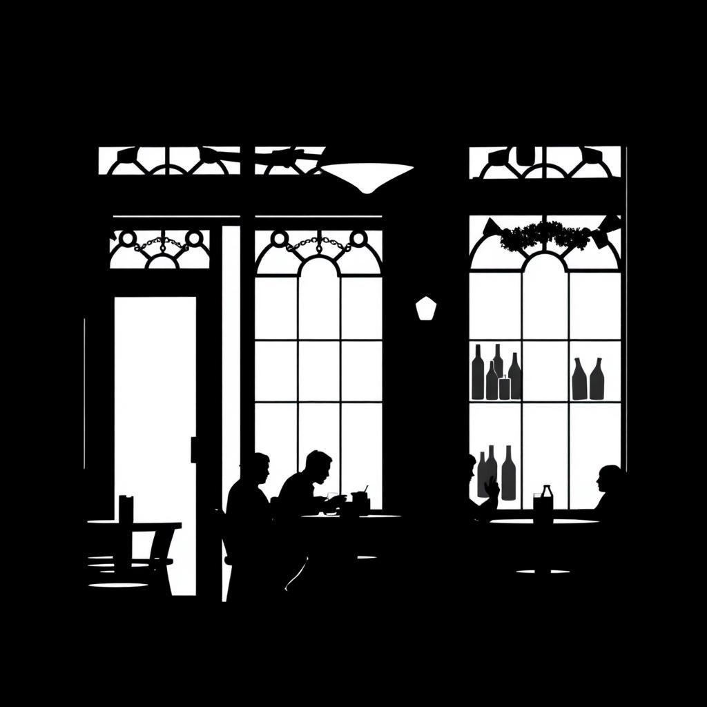 simple silhouete  uk pub inside and ppl siting black and white vector minimal