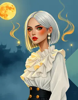 stylized woman with light‑green almond eyes, sleek silver bob, white ruffled blouse and black skirt with gold buttons, long pearl earrings, standing in lingering fog under low moonlight and distant streetlamps, bathed in divine devotion golden aura, incense smoke curling upward, vermillion and saffron highlights shimmering with sacred gold light, spiritual intensity radiating around her, chic glamour illustration style with high‑fashion elegance, expressive eyes and ultra‑long lashes, watercolor and pastel textures with messy lines, bold geometric background of soft blues and lime‑green shapes, indigo and cool blue palette softened by the rich divine colors, ethereal timeless atmosphere.