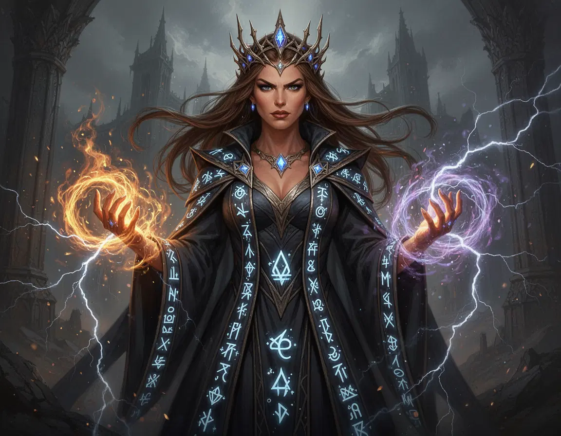 A powerful sorceress queen named Queen Emma, regal and intimidating, standing with absolute authority. Tanned skin, sharp commanding eyes, long flowing brown hair styled like a crown. She wears elegant dark royal robes infused with arcane energy, glowing runes woven into the fabric. Raw magic coils around her hands like living fire and lightning. Her expression is confident, ruthless, and unyielding. Epic fantasy realism, cinematic lighting, ultra-detailed, dramatic shadows, high fantasy character portrait, Dungeons & Dragons sorceress