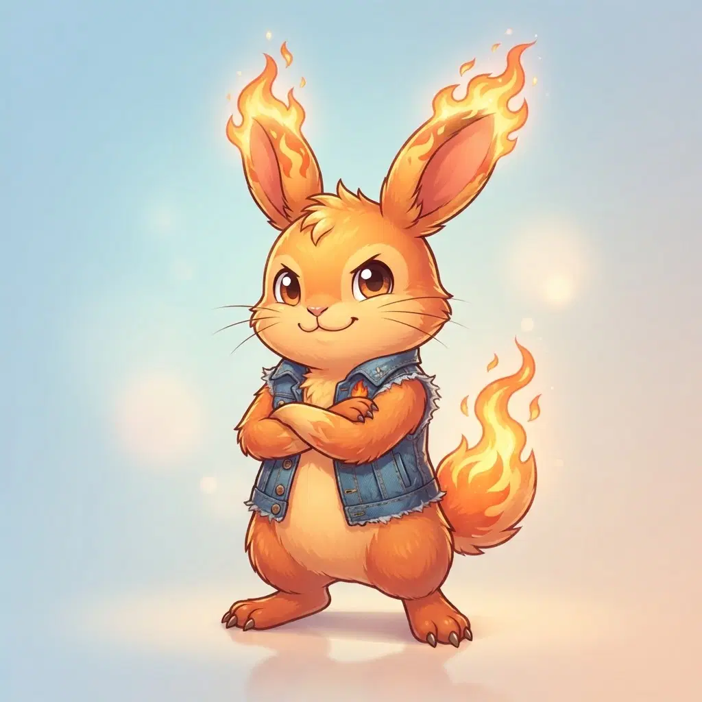 pokesona, cute creature companion self character, small fire-type bunny-like creature, warm orange and gold with flame tipped ears, wearing a little denim vest, confident pose, full body, cute cartoon creature art, clean soft gradient studio background, vibrant, crisp high detail, digital illustration