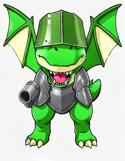 character full drawing of a small dinosaur monster lunging forward with both clawed arms thrown up and its mouth open in a shout, a big rounded head with a short blunt snout and two tiny pointed fangs, two large oval eyes with big dark pupils under a determined brow, a chunky little torso with a paler belly, short arms with three small claws, a thick tail held out for balance, a chunky bolted band clamped around each wrist, powerful legs ending in oversized three-toed feet, a pair of large bat-like wings rising behind its shoulders past either side of its head, a hard grey metal plate shaped to its skull from snout to the back of its head, with a short ridge along its centre, coloured in bright leaf green with a pale yellow belly, curved armour plates over its chest and shoulders, one forearm a thick round grey metal cannon barrel with a dark open end, fierce and dangerous, bold 2D anime creature art, clean confident black outlines of heavy weight, simple interior lines, flat base colours with one hard-edged shadow shape and a single small highlight, bold saturated colours in clearly separated blocks: one dominant body colour, a paler secondary colour and one bright accent colour, full body from head to feet, standing, facing forward, plain flat white background