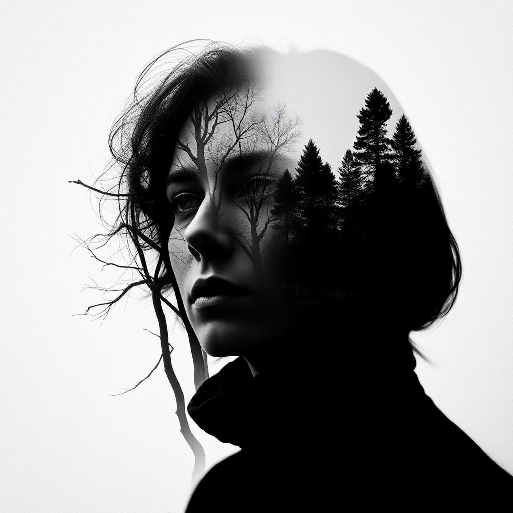 "Create a high-contrast black and white conceptual photograph with a surreal artistic effect. The image should blend a human portrait with elements of nature, such as trees or landscapes, using a double exposure technique. The mood should be mysterious and introspective, evoking deep thought and emotional depth. The texture should have a fine grain, giving it a cinematic, vintage feel. The composition should be minimalist, with negative space enhancing the subject’s presence and emphasizing the artistic fusion between human and nature."