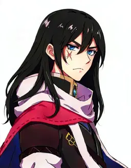 character portrait of male, Long black haired human male with cloak and sword in sheathe, fully clothed, black hair, long hair falling past the shoulders, clear blue eyes, a fair complexion, Normal human ears, A scar over one eye, Goofy, serious only when he has to be, immature,, in the style of Re Zero, faithful to its official art style, vivid saturated colors, head and shoulders, facing forward, plain flat white background