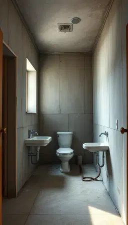 Portrait 9:16, ultra-photorealistic cinematic interior renovation photograph of the SAME master bathroom before renovation, viewed from a carefully selected fixed wide-angle corner perspective at approximately eye level, camera positioned near the entrance and aimed diagonally across the entire room. The bathroom is completely unfinished, empty, dull, neglected, and structurally ready for renovation. Bare unfinished cement/plaster walls, rough concrete floor, exposed plumbing connections, unfinished ceiling, visible electrical wiring, old utility pipes, uneven surfaces, small cracks, stains, chipped plaster, construction dust, worn edges, incomplete shower area, basic temporary plumbing fixtures, no decorative finishes, no furniture, no accessories. Natural daylight entering through a modest bathroom window, realistic soft shadows, slightly cool raw illumination, subtle atmospheric dust, authentic material imperfections. Clearly visible floor and wall texture, physically accurate proportions, realistic construction details, natural reflections only where physically appropriate. Documentary-style architectural photography combined with premium cinematic realism, extremely detailed textures, realistic ambient occlusion, physically based materials, natural dynamic range, professional interior photography, sharp foreground and background detail, realistic lens characteristics, no exaggerated wide-angle distortion. Static camera composition designed to be IDENTICAL in Images 2 and 3, fixed viewpoint, fixed focal length, fixed framing, fixed room geometry, portrait 9:16 composition. No people, no workers, no luxury finishes, no fantasy elements, no text, no watermark.