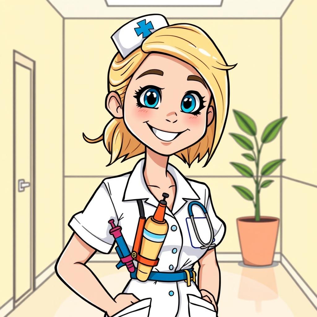 Cartoon: Bright, cheerful style. A young, smiling blonde nurse, bright blue eyes, wearing a crisp white uniform, slightly rumpled. She is wearing a tool belt is full of colorful, cartoonish medical tools: a giant syringe, oversized bandage, tiny stethoscope. Background: a sunny yellow hospital room, simple lines, a single potted plant in the corner. Nurse looks helpful, energetic, maybe a little mischievous. Thick black outlines, smooth shading, limited color palette. Focus on her friendly expression.