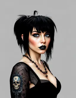 She is a human woman with jet‑black hair styled in high‑top pigtails and spiky bangs. Her pale skin is accentuated by heavy winged eyeliner, black lipstick, and a small beauty mark on her left cheek. A skull and star tattoo adorns her upper left arm, and she wears a black lace top with sheer mesh sleeves, a dark beaded necklace, and gemstone hair accessories, nose & ear piercings