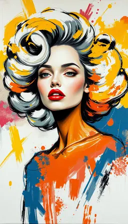 female model with voluminous cloud‑like hair and pale skin, centered in an abstract, ethereal mist space, rendered in a rough oil‑on‑canvas fashion illustration. bold black outlines frame the figure, while thick impasto strokes of bright yellow, red‑orange, ochre bands, and ridged white pigment create chaotic, textured brushwork across the canvas. soft magenta and blue ridges swirl under harsh, contrasting relief lighting, emphasizing raised paint and tactile granularity. the composition retains a low‑contrast, cool twilight atmosphere, but the dominant style is expressive, high‑energy abstract expressionism with visible brushstrokes, diagonal white lines, and sculptural texture, captured in a close‑up, macroscopic perspective.