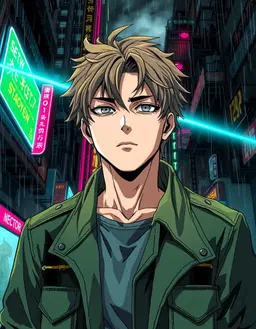 cyberpunk anime male portrait with messy ash‑brown hair, cold grey eyes, strong face and neutral expression, wearing a utility jacket, set in a dark alley of sector 7’s gritty slums: neon‑cyan and acid‑green cyberpunk lights slice through heavy rain and steam, towering decayed industrial skyscrapers loom overhead, high‑contrast chiaroscuro shadows, evoking a 1990s retro ova cyber‑grunge aesthetic.