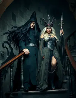 dark fantasy, horror and dark magic, a high priest with long black wavy flowing hair and a high priestess in full costume, both standing on the magical spiral staircase in close‑up dynamic poses, gorgeous hallows' eve attire, hair and makeup done, dynamic motion portrait style.