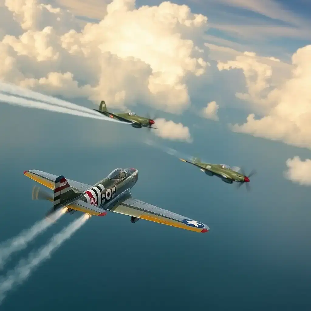 A high-speed dogfight between two vintage fighter jets over an ocean. One plane performs a tight barrel roll while the other fires tracer rounds. The scene is full of motion, with vapor trails streaking behind the jets and dramatic clouds in the background.