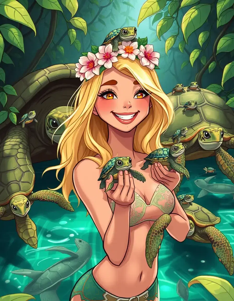 hot blonde, sun-kissed skin.  long, flowing blonde hair.  she smiles, holding a tiny, iridescent turtle.  giant galapagos tortoises lumber past, their shells mossy green.  small painted turtles crawl on her shoulders.  sea turtles swim in a crystal-clear pool behind her.  she’s in a lush jungle, vines everywhere.  vibrant, almost cartoonish style.  joyful, playful.  turtles everywhere, big and small, land and sea.  she's surrounded.  she laughs, turtle shells glitter.  she wears a flower crown. more turtles.  tiny turtles peek from her hair.  a turtle on her nose.  happy. turtles.
