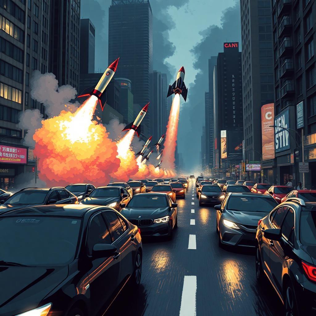"vibrant cityscape: a chaotic street thronged with sleek black cars zipping past, surrounded by towering skyscrapers that cling to the smoggy night sky. explosive bursts of rocket flames illuminate the scene, as sleek, futuristic rockets pierce the air, landing precision-blasts in mid-air amidst speeding automobiles. cars shudder and bounce under the onslaught, smoke trails swirling, tire screech echoing, while rocket fuel burns and glows, shaking the urban backbone. the once-calming asphalt now trembles as city life meets rocket-age madness, streetlights flickering under this onslaught, weaving a seamless fusion of 8-bit video game flair with neon-lit future dreams."