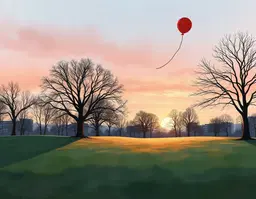 Rendered in the style of hand-painted anime/manga key visual art, blending traditional watercolor and ink wash techniques with soft cel-shaded gradients — reminiscent of Makoto Shinkai-inspired backgrounds and Studio Ghibli atmospheric linework. A quiet, dreamy winter sunset settles over a grassy urban community park. Facing North East, the sky painted in soft washes of blush pink, lavender, and burnt orange bleeding into cool dusky blue, with visible watercolor bloom and delicate ink linework at the horizon. A single red balloon on a black string drifts slowly into the distance, small against the vast painted sky, its ribbon a fine inked line catching the last light. The park below is open and gently rolling, grass rendered in loose, textured brush strokes touched with frost. Large trees are scattered across the landscape, their bare branches drawn in fine sumi-e-style ink linework, silhouetted and backlit by the glowing sun. Long painted shadows stretch across the ground, with a soft paper-grain texture throughout, as if printed on textured watercolor paper. The mood is quiet, wistful, and tender — a fleeting, cinematic anime moment of stillness and gentle melancholy.