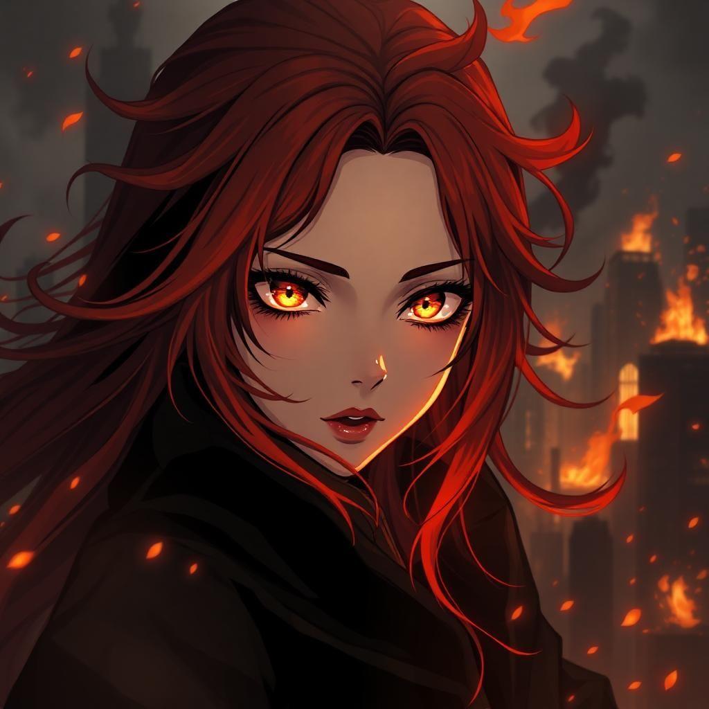craft a scorching femme anime character with blazing locks of fiery red hair and mesmerizing golden eyes, exuding the essence of a fire enchantress. transform her into a figure shrouded in a dark, fiery mist, set against a monochromatic noir backdrop of smoldering, embers-flaked cityscapes, where every detail glows with a haunting, intense heat and passion in muted grays and blacks.