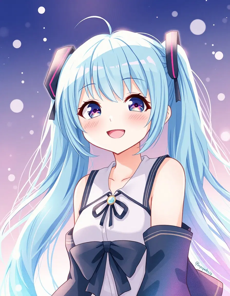 Anime style digital illustration of a cute hatsune miku smiling Image Style: flowing pigments, paper texture, pastel hues, dreamy mood, hand-painted look