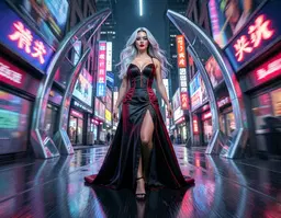 lola reve in an art‑deco cyberpunk metropolis, wearing a sleek neo‑classical gown with red‑black accents, long silver hair catching neon reflections, striking red lips and black eyes, surrounded by chrome‑finished geometric arches, glowing neon kanji signs and holographic billboards, wet reflective pavement; mid‑step, low‑angle zoom burst view with radial motion blur and streaked light trails radiating from the center, central subject crisp while peripheral elements vortex‑blurred, neon‑lit chiaroscuro lighting highlighting her face and hair.