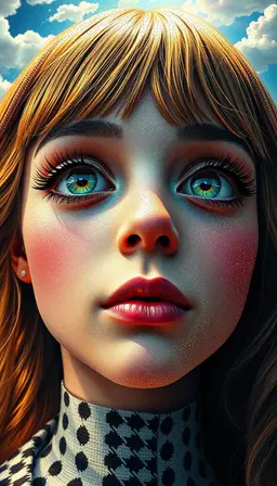 post-impressionism, klimt, ornate patterns and textures, surrealism, close-up face of a girl with kaleidoscope eyes, looking to camera, sunlight, polka dots, zebra stripes and houndstooth patterns, fractal elements emerging from sky, pearlescent, psychedelic postmodern aesthetic