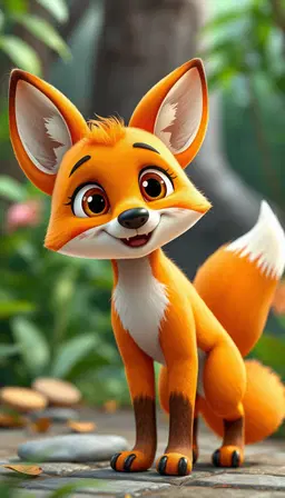 लोमड़ी — Image Prompt
Prompt:
A cute clever orange fox character, bright orange fur, white chest and muzzle, large expressive brown eyes, pointed ears, fluffy tail with white tip, playful mischievous smile, curious and funny personality, standing upright like a human, high-quality colorful 3D children's cartoon style, soft cinematic lighting, full body, colorful jungle background, vertical 9:16.