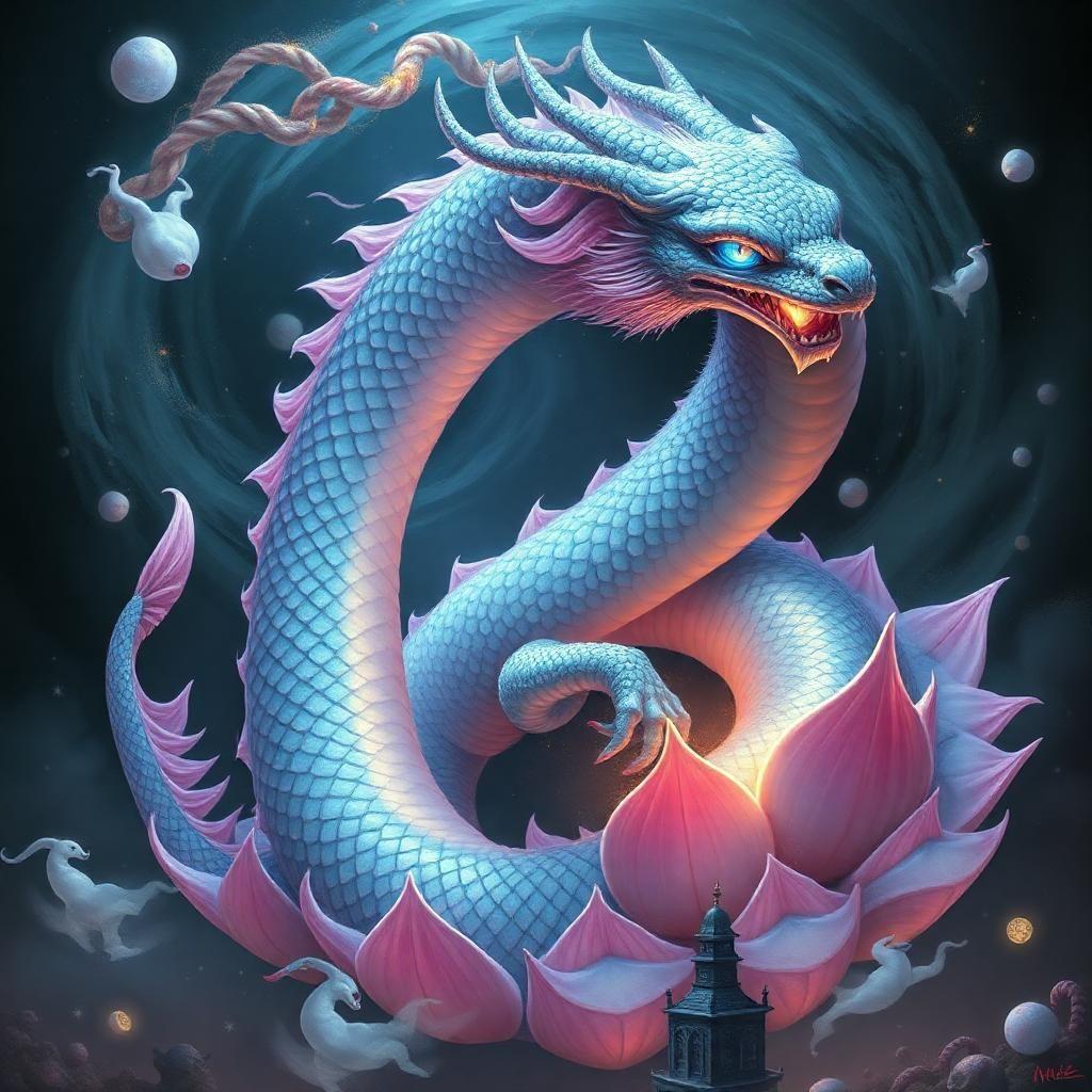 "a cosmic lotus dragon coiled within a swirling nebula of iridescent, sugar-coated petals, its scales shimmering like crystallized sugar and gummy pearls. the dragon's eyes burn with a soft, pastel blue fire, but now only one side of its face is illuminated, with a triangular glow on its cheek, reminiscent of a colorful lollipop. the rest of its face is in shadow, adding depth and mystery. the dragon's body is set against a dark, muted background, with the swirling nebula subtly illuminated to maintain focus on the dragon, and hints of cotton candy and spun sugar visible in the misty haze. its gentle, mystical roar echoes through a soft, misty haze, with the melting architecture, dripping clocks, and ghostly figures transformed into twisted, gumdrop-like structures and candy cane forests, barely visible in the darkness. the overall effect is moody and painterly, with the dragon's scales and eyes shining like polished candy jewels in the dim light."