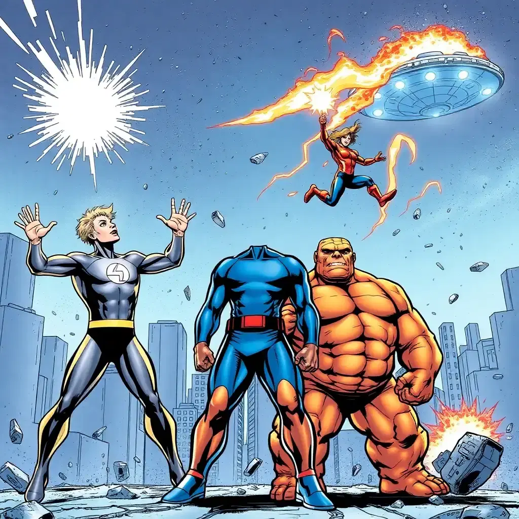 A dynamic comic book illustration of the Fantastic Four in action, showcasing their unique abilities. Mister Fantastic stretches his body in impossible shapes, forming a barrier against an incoming energy blast. The Invisible Woman is mid-air, forming a powerful force field to protect the team, her body partially phasing into invisibility. The Human Torch flies above them, engulfed in flames, leaving a trail of fire in the sky. The Thing stands in front, fists clenched, his rocky orange skin glowing under the destruction around them. The backdrop is a futuristic cityscape with an ominous alien spaceship hovering above, preparing to strike.
