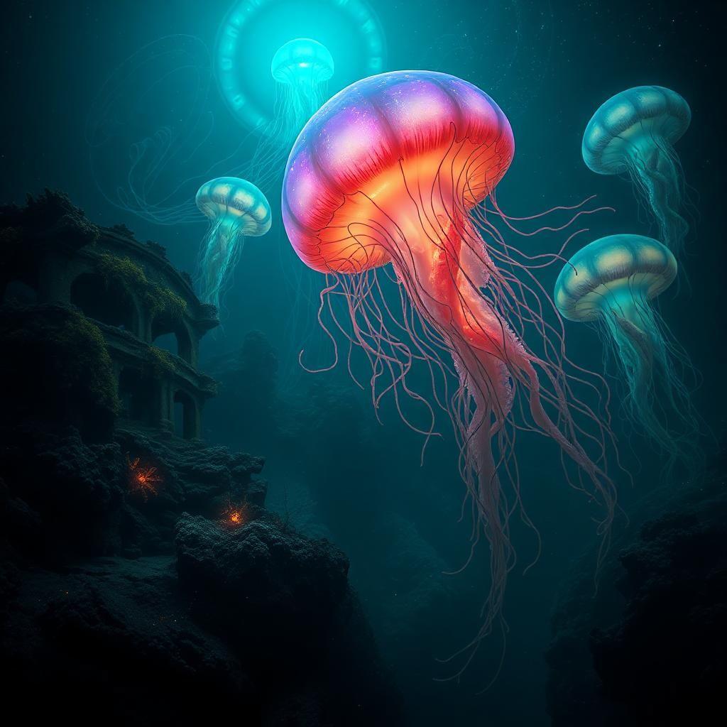 A mystical deep-sea realm untouched by humanity, where colossal bioluminescent creatures drift through the eternal darkness. Massive jellyfish pulse with neon colors, their tendrils stretching for miles. Ancient, submerged ruins hint at a lost civilization, their structures encrusted with coral and glowing moss. Strange, anglerfish-like predators cast eerie blue-green lights as they stalk their prey. The water is thick with tiny, glowing particles, creating an atmosphere of otherworldly wonder. The deeper one goes, the more surreal the world becomes, with creatures and landscapes that defy the imagination.