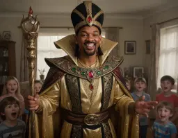will smith as a father at home, dressed in an elaborate evil jafar costume with a shimmering golden robe, intricate jeweled collar, flowing cape, and ornate staff, striking a dramatic evil jafar smile; close‑up view of his face and costume details, set inside a modest small house in warrington, with soft indoor lighting that highlights the rich gold textures and creates a cinematic, dramatic action‑movie atmosphere, capturing the surprise moment for his children.
