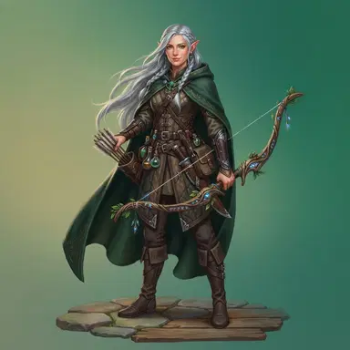 original fantasy elf ranger oc, silver hair, green hooded cloak, ornate longbow, painterly fantasy art