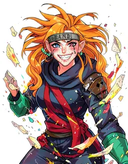 character portrait of female, a ninja in a dark hooded outfit with a face wrap, shoulder guards and a red sash, waist-up, facing the viewer, fully clothed, Long curly orange hair, heterochromatic eyes, Freckles, Normal ears, Band around the forehead, chaotic and mischievous, in the style of Dungeon Crawler Carl, faithful to its official art style, vivid saturated colors, head and shoulders, facing forward, plain flat white background