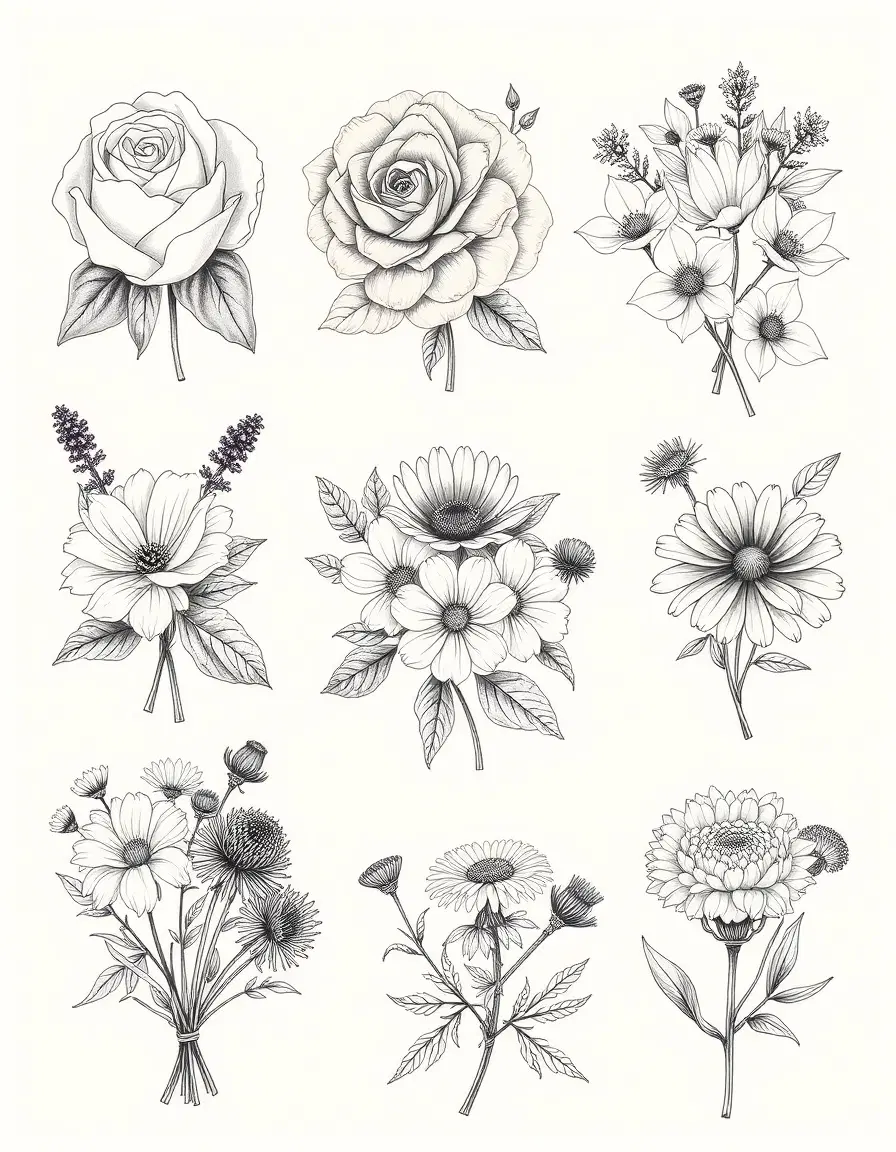 A vintage botanical illustration tattoo sheet featuring five separate bouquets, each grouped by floral category: 

1) Classic bouquet including rose, peony, carnation, chrysanthemum, dahlia, lotus, magnolia and camellia.
2) Natural / wild bouquet including lavender, poppy, daisy, cosmos,,
5) Textured bouquet including tagetes (marigold), dandelion, thistle, artichoke flower and ranunculus.

Fine linework, antique botanical engraving style, 19th century scientific illustration, delicate ink drawing, soft cross-hatching shading, light tonal contrast, elegant composition, realistic botanical accuracy, minimal heavy blacks, refined and airy aesthetic, white background, subtle depth, suitable for fine tattoo design.
