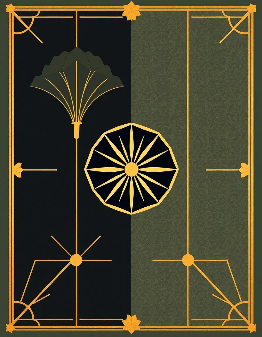 1920s art deco poster with geometric patterns and gold accents