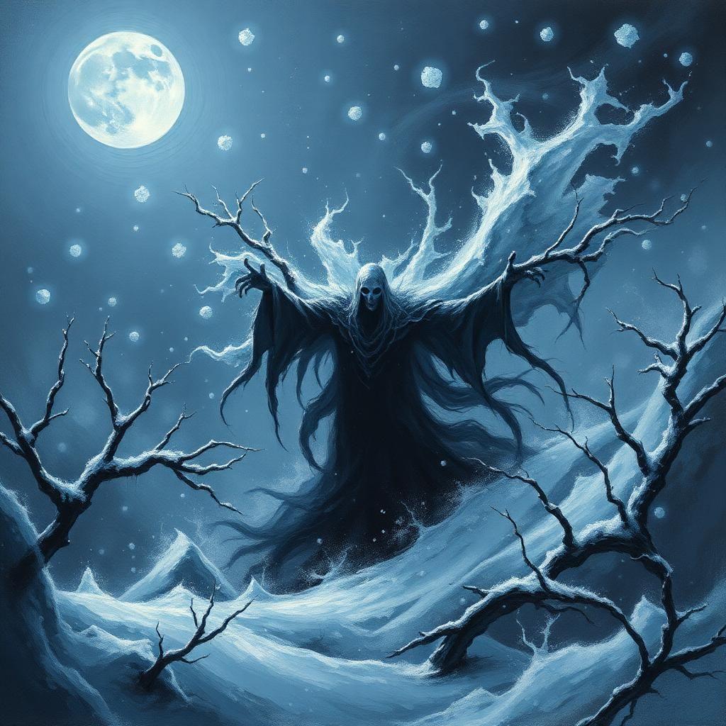 "tormented icy phantom, forever trapped in a glacial realm of sorrow, surrounded by a desolate winter wonderland of ebony snow swirling like a maelstrom of dark beauty. frostbitten branches grasp like skeletal fingers, as the moon hangs low and cold, casting an ethereal glow over the frozen chaos. icy darkness seeps from your very essence, your heart frozen in an eternal winter of despair. art style: gothic romanticism with impressionist brushstrokes, bold blacks, and shimmering crystal blues."