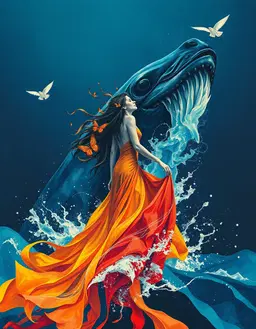 mujer vestida de color con careta de hierro y gigante hidra monstruo marino detras, gesto dramatico, composicion monumental, kinetic abstraction con lineas audaces que vibran, formas fluidas que sugieren movimiento continuo, atmosfera oscura surrealista en una paleta de indigo profundo del oceano, estilo de impresion gyotaku, tonos suaves y coloridos de tinta, delicadas texturas, grano organico sutil, superficies ligeramente estampadas con finas lineas tactiles, textura de frotado de tinta que evoca impresiones prensadas a mano, acompanada de mariposas azules que flotan alrededor, y pajaros que revolotean en el mismo espacio, iluminado dramaticamente bajo luz submarina.