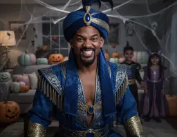 will smith as a larger‑than‑life actor, dressed in the iconic blue aladdin genie costume with shimmering gold cuffs, flowing tassels, and a wide‑brimmed turban, captured in a close‑up portrait; his face illuminated by dim, spooky lighting, displaying an evil, menacing smile with sharp teeth showing, eyes glinting mischfully; behind him a faint, softly blurred background suggests a cozy halloween‑themed living room with pastel pumpkins, cobwebs, and the silhouettes of his children in costume, adding a warm family atmosphere while emphasizing his charismatic, villainous expression.