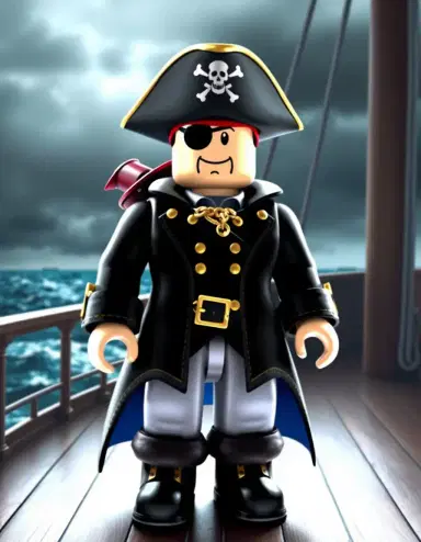 Roblox avatar, pirate captain, long black coat, gold accessories, stormy ocean ship deck