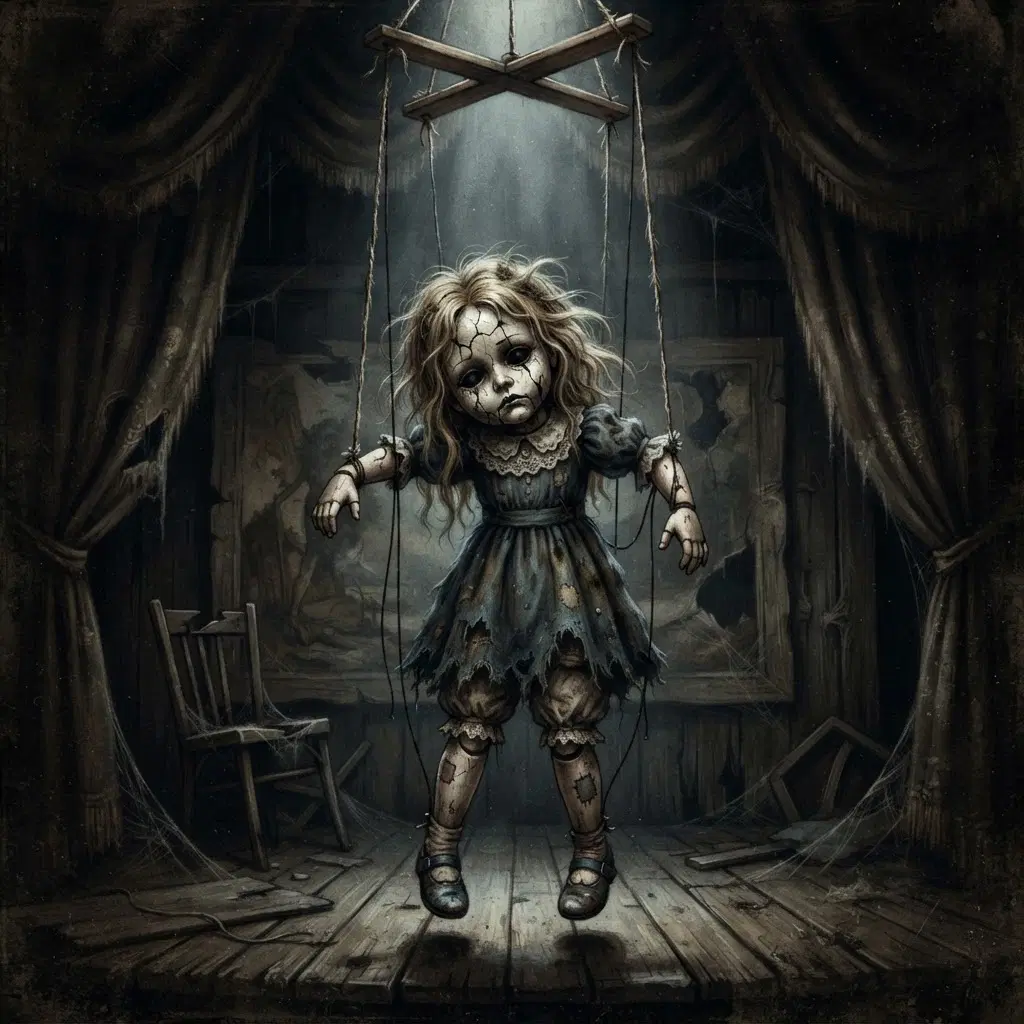 Creepypasta style OC, broken marionette puppet girl with cracked porcelain face and hanging strings, eerie digital art, no gore, dark stage