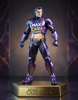 Transform MAX CASU CHIPS into a hard‑plastic action figure retaining the exact outfit from the reference image. Render the figure in a dynamic, cool pose with glossy, reflective surfaces, captured in professional 16k photography. The figure stands full‑body on a sleek gold pedestal, with the name “MAX CASU CHIPS” elegantly engraved on a plaque in front of the pedestal. Preserve the original digital illustration’s soft lighting and slight glow, emphasizing metallic contours. Keep the dominant cool tones—purples and blues—while the background retains its subtle warm hues, maintaining the intense, dramatic mood. Intricate linework and sharp shading highlight the reflective surfaces, delivering ultra‑detailed, realistic features. The overall composition mirrors the fantasy dark‑art style, presenting a masterpiece action‑figure portrait.