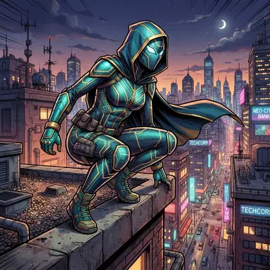 masked vigilante in a teal and gold hooded bodysuit with angular geometric line patterning, sharp white visor lenses, crouched on a rooftop ledge at dusk, city skyline behind, bold comic book illustration, vibrant, crisp high detail