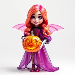 Anna Dittman, beautiful smiling 3D Halloween Bratz-style ghost girl, standing three-quarter pose, dressed in shades ofpastel purple, ruby, orange and pink wearing a cute semi transparent iridescent Halloween dress with puffed sleeves and a holding an intricately decorated jeweled Jack O'lantern, ready for Halloween, on a white background.