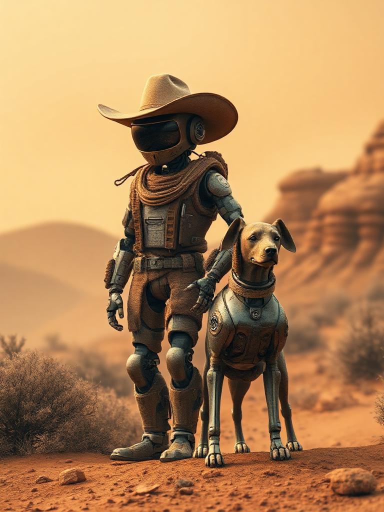 A dusty robotic asteroid cowboy with a robotic dog, set against an earthy color palette. The robot cowboy and dog are adorned in rich browns, warm ochres, and deep forest greens, amidst a backdrop of muted terracottas. The scene evokes a warm and grounded atmosphere. The landscape is laced with vintage and rustic elements, capturing elements of bohemian aesthetics and historical art styles. The visuals draw on the beauty of nature's organic tones, giving the composition a comforting, timeless presence.