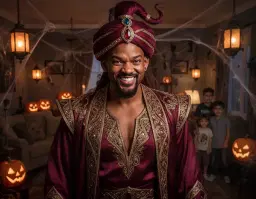 will smith portrayed as a towering, charismatic evil genie, dressed in the iconic, richly embroidered aladdin costume with shimmering gold trim, flowing ruby‑red silks, and a curled, jeweled turban perched high on his head. he stands in a dimly lit, halloween‑themed living room filled with subtle spooky decorations—flickering orange lanterns, carved pumpkin lights, and faint cobwebs draped across the background. the camera focuses on a close‑up of his face, capturing a menacing, mischievous smile that glints with magical mischief, eyes narrowed and sparkling with a dark, enchanting light. his expression radiates confidence and playful villainy, while the surrounding scene hints at a family gathering, with soft shadows suggesting the presence of his children in the background, adding warmth to the otherwise ominous atmosphere. the overall composition blends cinematic grandeur with vivid, detailed textures, emphasizing the luxurious genie attire, the eerie halloween ambience, and the compelling, sinister charisma of the actor.